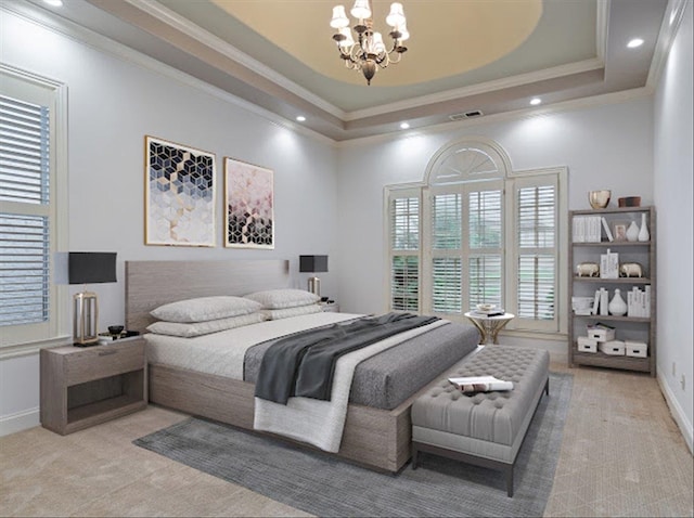 carpeted bedroom with a notable chandelier, a raised ceiling, and ornamental molding