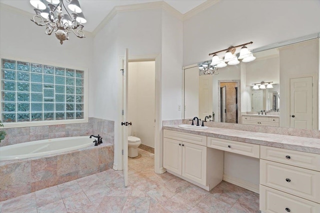 bathroom featuring vanity, a relaxing tiled tub, an inviting chandelier, crown molding, and toilet