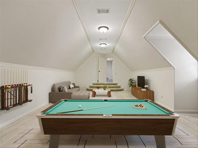 rec room with light carpet, lofted ceiling, and pool table