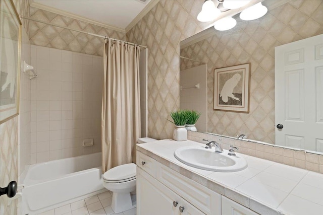 full bathroom featuring shower / bath combination with curtain, tile patterned flooring, vanity, and toilet