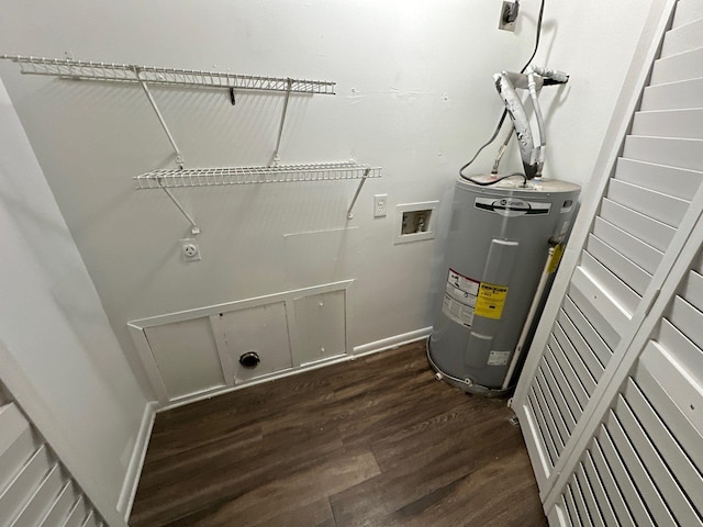 laundry room with hookup for a washing machine, water heater, dark wood-type flooring, and electric dryer hookup