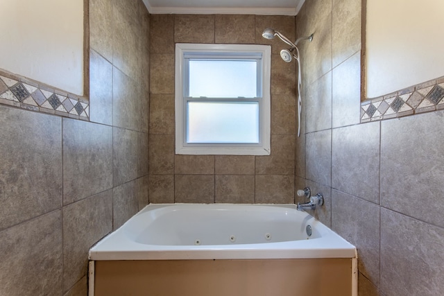 bathroom featuring tub / shower combination and crown molding