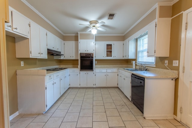 kitchen with black appliances, sink, ceiling fan, and white cabinets