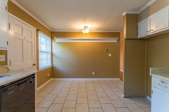 kitchen with crown molding, black dishwasher, white cabinetry, and light tile patterned floors