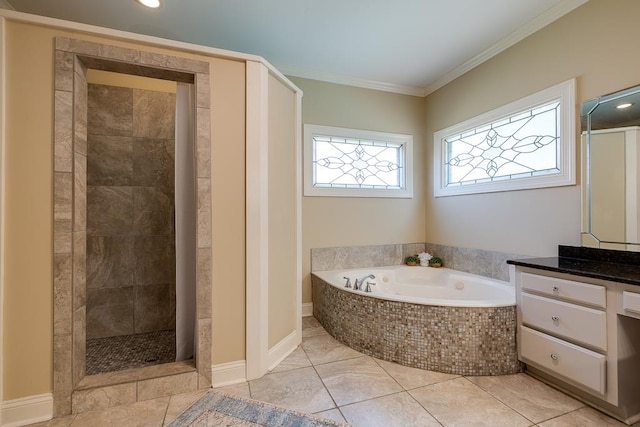 bathroom with tile patterned floors, vanity, ornamental molding, and plus walk in shower