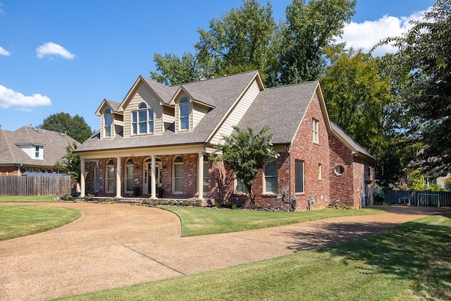 new england style home with a front yard and covered porch