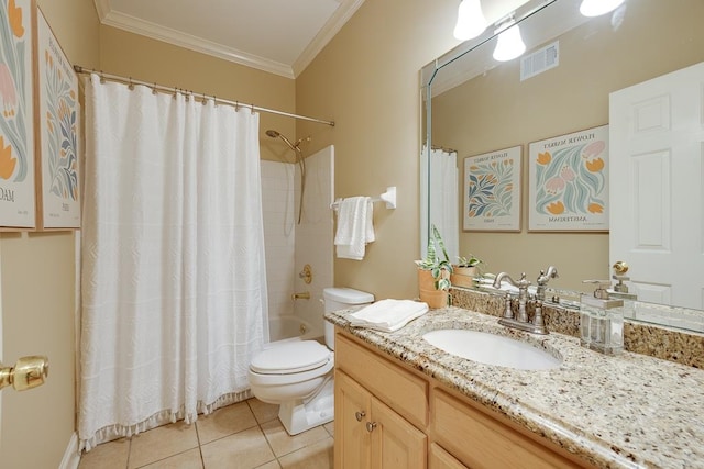 full bathroom featuring vanity, tile patterned floors, toilet, ornamental molding, and shower / bath combo with shower curtain