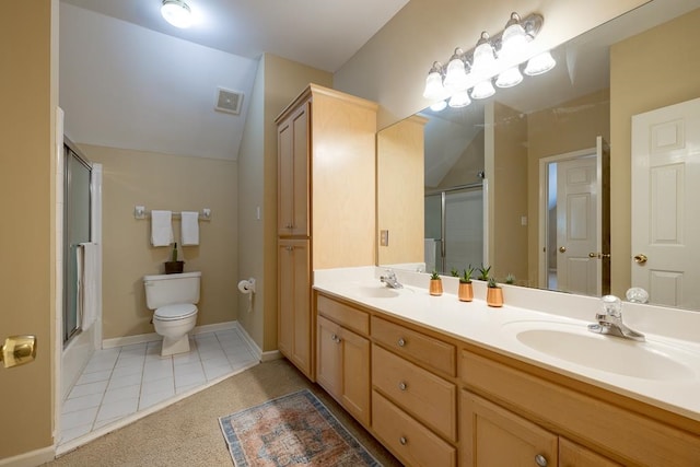 full bathroom featuring tile patterned floors, vanity, enclosed tub / shower combo, toilet, and lofted ceiling