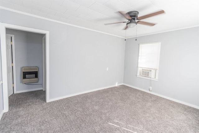 carpeted spare room with ceiling fan, cooling unit, heating unit, and ornamental molding