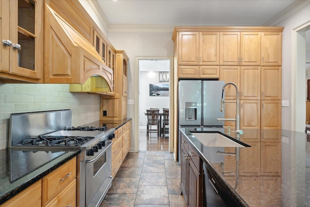 kitchen with dark stone counters, high end stainless steel range oven, ornamental molding, and decorative backsplash