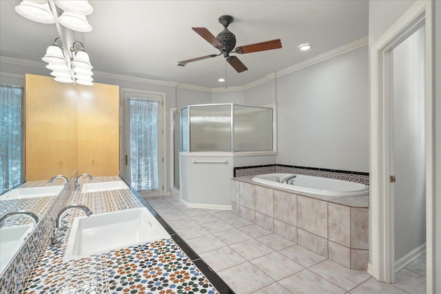 bathroom featuring ceiling fan, vanity, shower with separate bathtub, crown molding, and tile patterned flooring