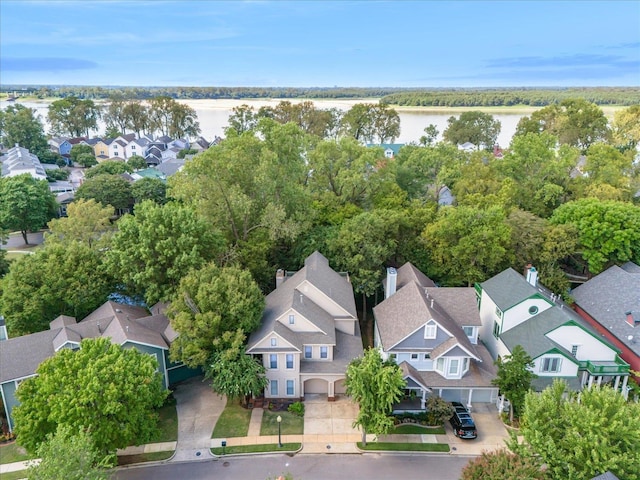 bird's eye view with a water view