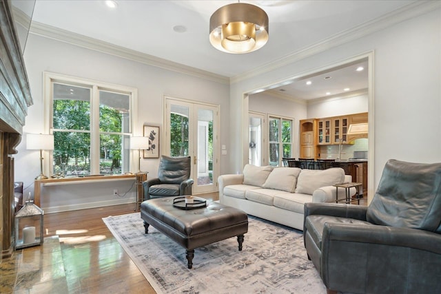 living room with wood-type flooring and ornamental molding