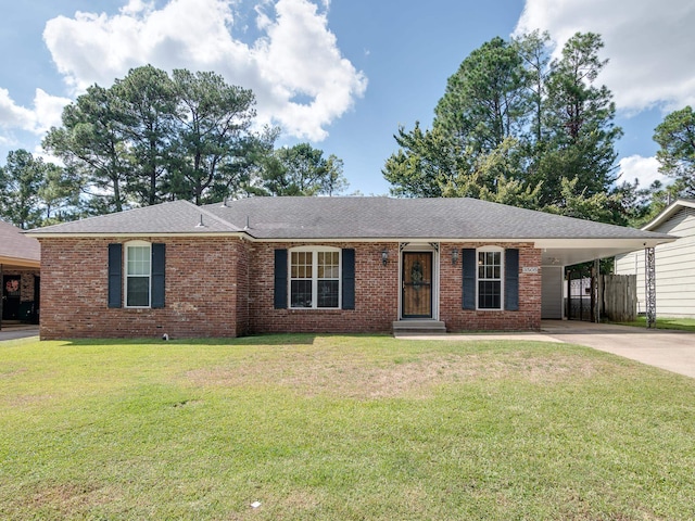 ranch-style home with a front lawn and a carport