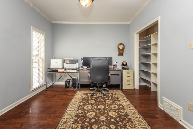 office area featuring ornamental molding and dark wood-type flooring