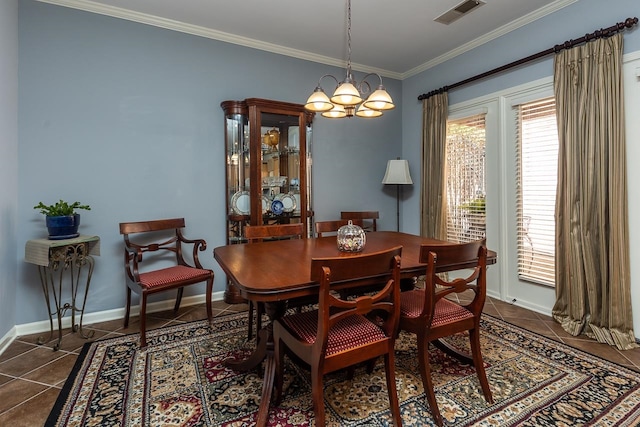 tiled dining room with ornamental molding and a notable chandelier