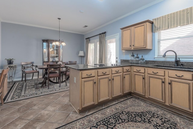 kitchen with ornamental molding, sink, and kitchen peninsula