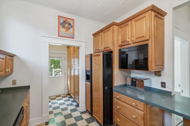 kitchen with black appliances and crown molding