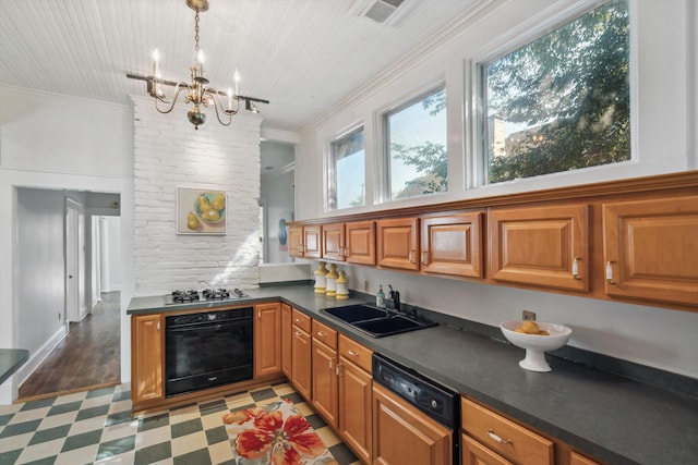 kitchen featuring black appliances, crown molding, an inviting chandelier, light hardwood / wood-style flooring, and sink