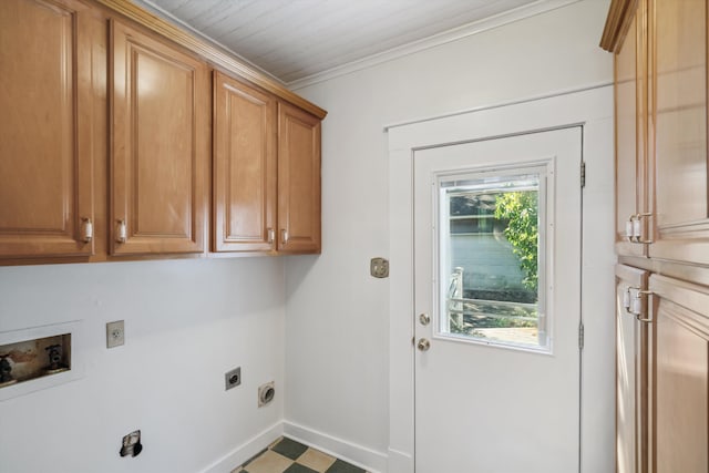 laundry room featuring washer hookup, hookup for an electric dryer, cabinets, crown molding, and wooden ceiling