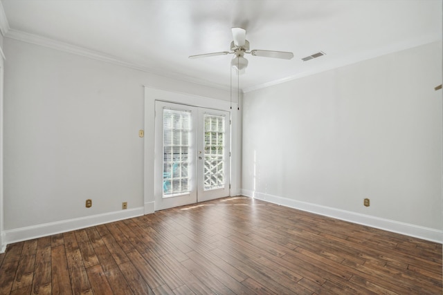 empty room with ornamental molding, ceiling fan, dark hardwood / wood-style floors, and french doors