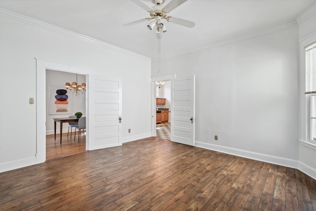 unfurnished bedroom with ornamental molding, ceiling fan with notable chandelier, and dark wood-type flooring