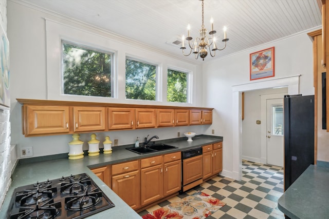 kitchen with a chandelier, sink, black appliances, decorative light fixtures, and crown molding