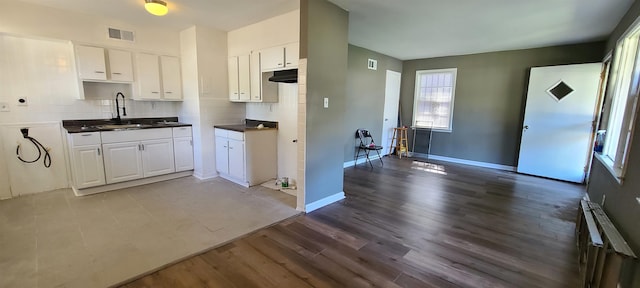 kitchen featuring tasteful backsplash, white cabinets, wood-type flooring, radiator, and sink