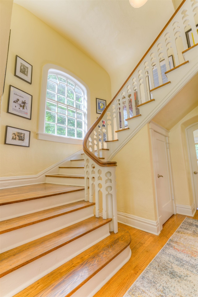 stairs with hardwood / wood-style floors