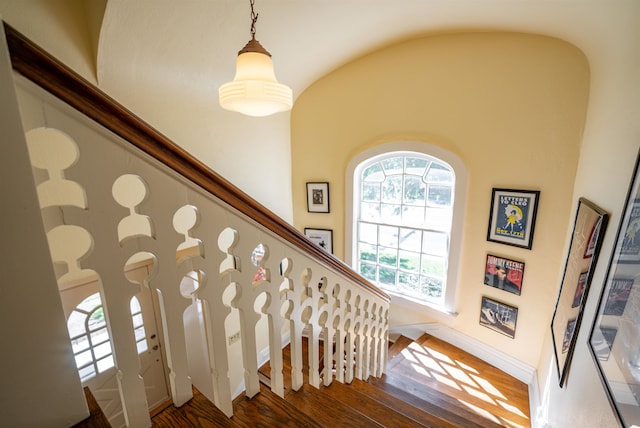 stairway featuring hardwood / wood-style floors