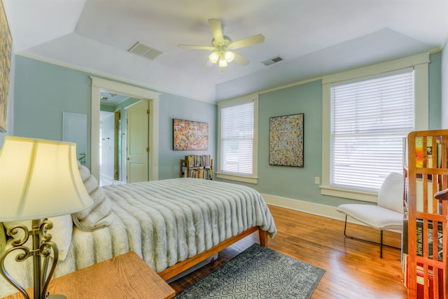 bedroom featuring ceiling fan and hardwood / wood-style flooring