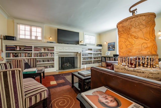 living room featuring crown molding