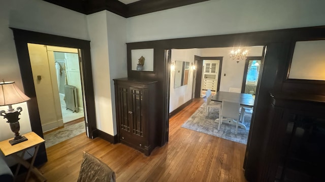 interior space featuring radiator, wood-type flooring, and an inviting chandelier