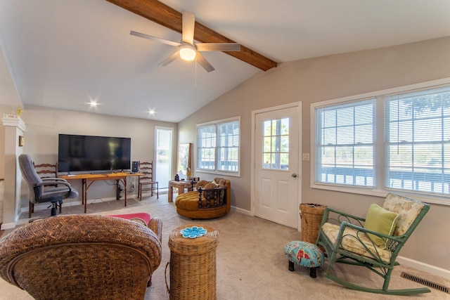 carpeted living room with lofted ceiling with beams, baseboards, ceiling fan, and visible vents