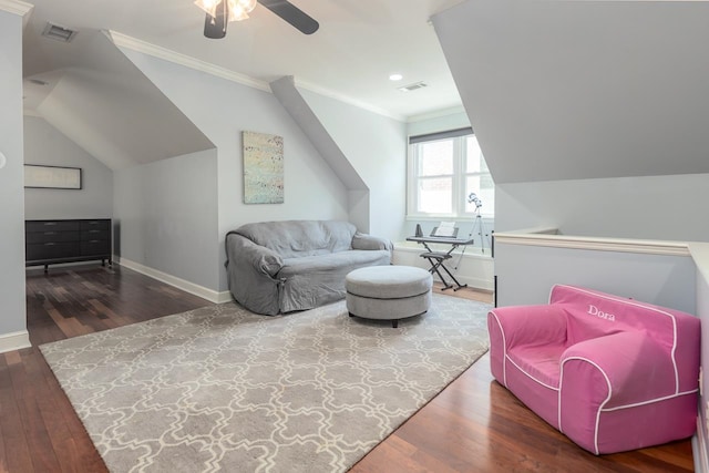 interior space featuring ornamental molding, vaulted ceiling, ceiling fan, and hardwood / wood-style flooring