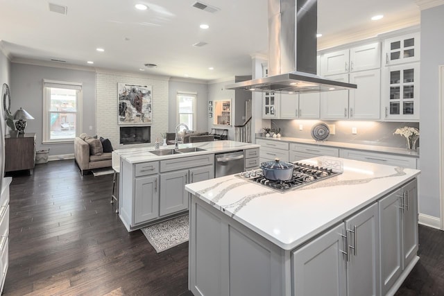 kitchen with a center island, sink, island range hood, stainless steel appliances, and dark hardwood / wood-style flooring