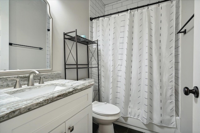 full bathroom with vanity, toilet, shower / bathtub combination with curtain, and tile patterned floors