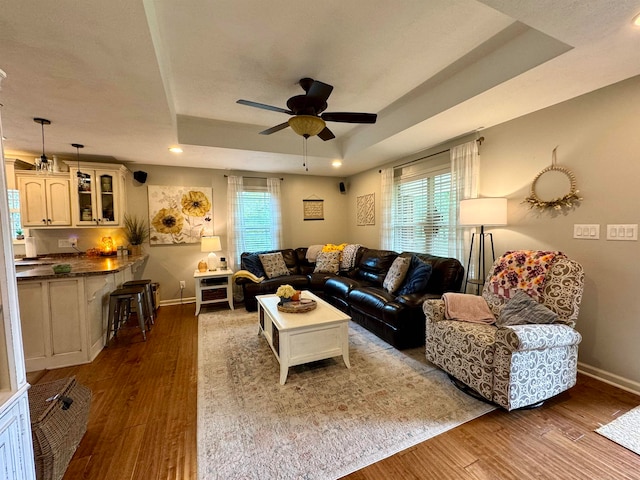 living room with wood-type flooring, ceiling fan, a raised ceiling, and a healthy amount of sunlight