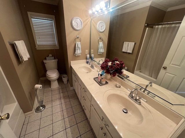 full bathroom featuring toilet, tile patterned flooring, shower / bath combination with curtain, ornamental molding, and vanity