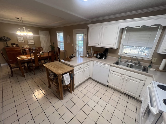 kitchen featuring ornamental molding, white cabinetry, decorative light fixtures, and white appliances