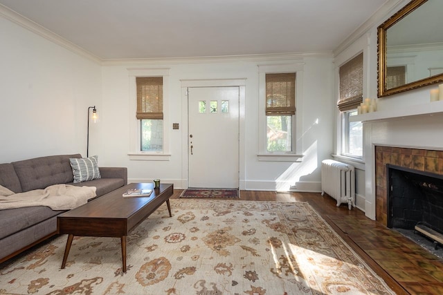 living room with radiator, a tiled fireplace, dark wood-type flooring, and crown molding