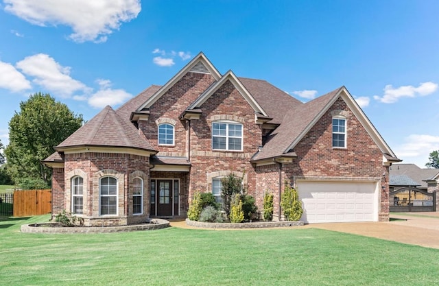 view of front of home with french doors, a garage, and a front lawn