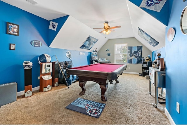 rec room with ceiling fan, carpet flooring, lofted ceiling, and pool table