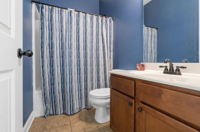 full bathroom with shower / bath combination with curtain, vanity, toilet, and tile patterned floors