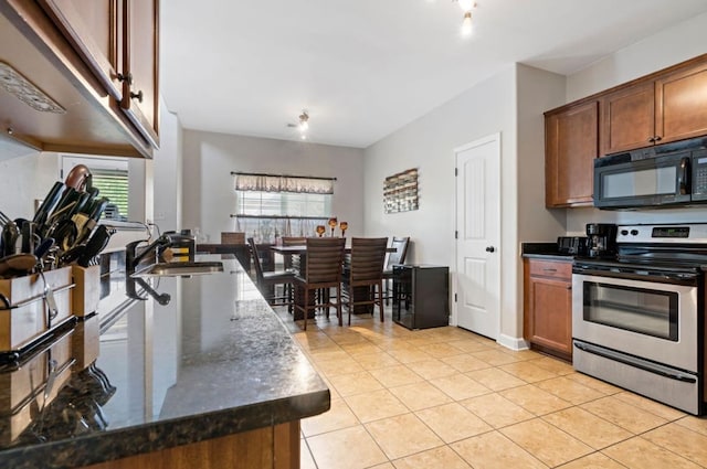 kitchen featuring dark stone countertops, stainless steel electric stove, sink, and plenty of natural light