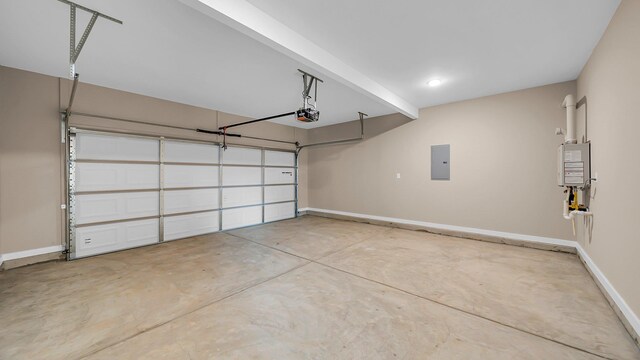 garage with water heater, a garage door opener, electric panel, and baseboards