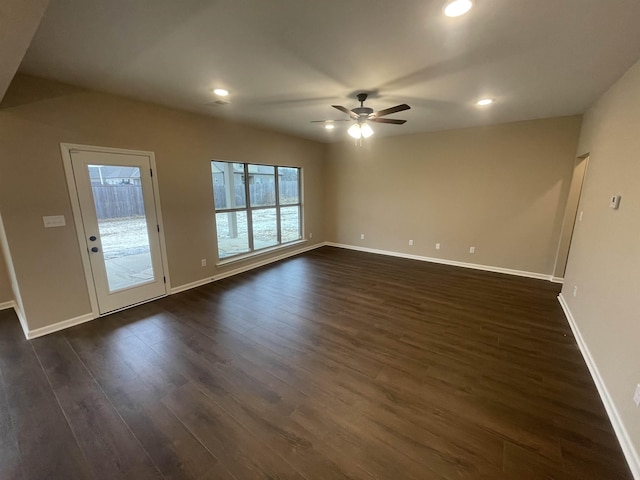 unfurnished room featuring baseboards, a ceiling fan, dark wood-style flooring, and recessed lighting