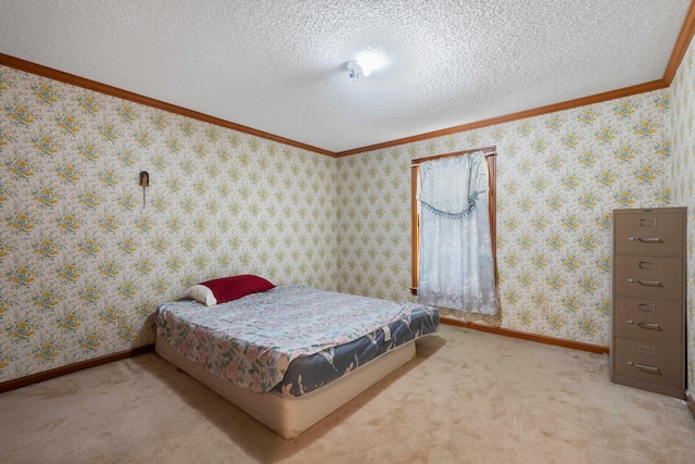 carpeted bedroom featuring a textured ceiling, pool table, and ornamental molding