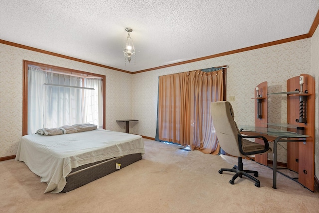 bedroom featuring ornamental molding, a textured ceiling, light colored carpet, and a notable chandelier