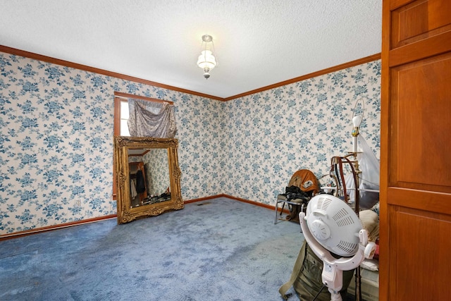 interior space with a textured ceiling, crown molding, and carpet floors